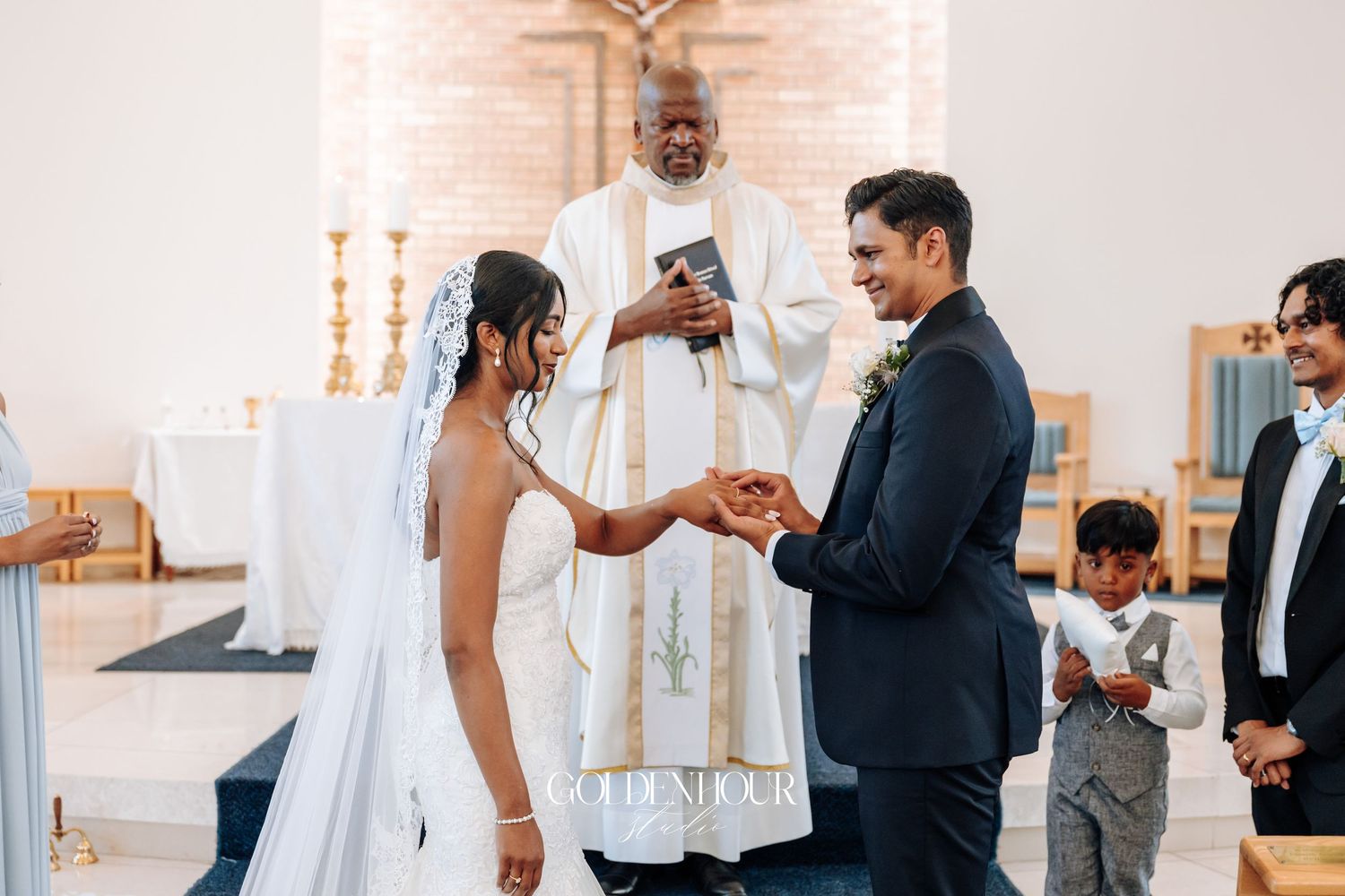 Wedding ceremony moments with couple exchanging vows at modern church altar.