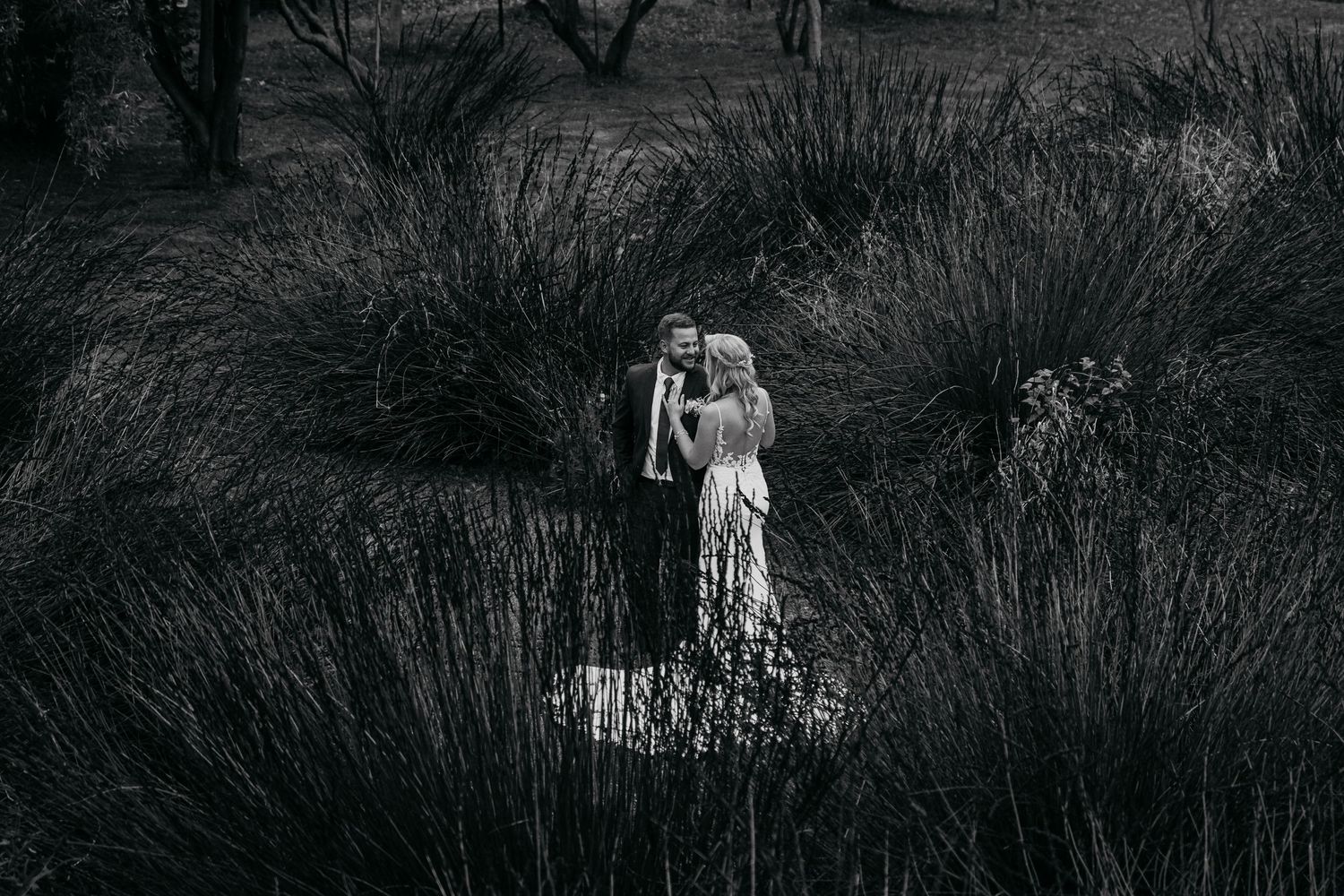 A series of black and white photographs showing silhouettes of people walking through tall grass in a moody landscape.