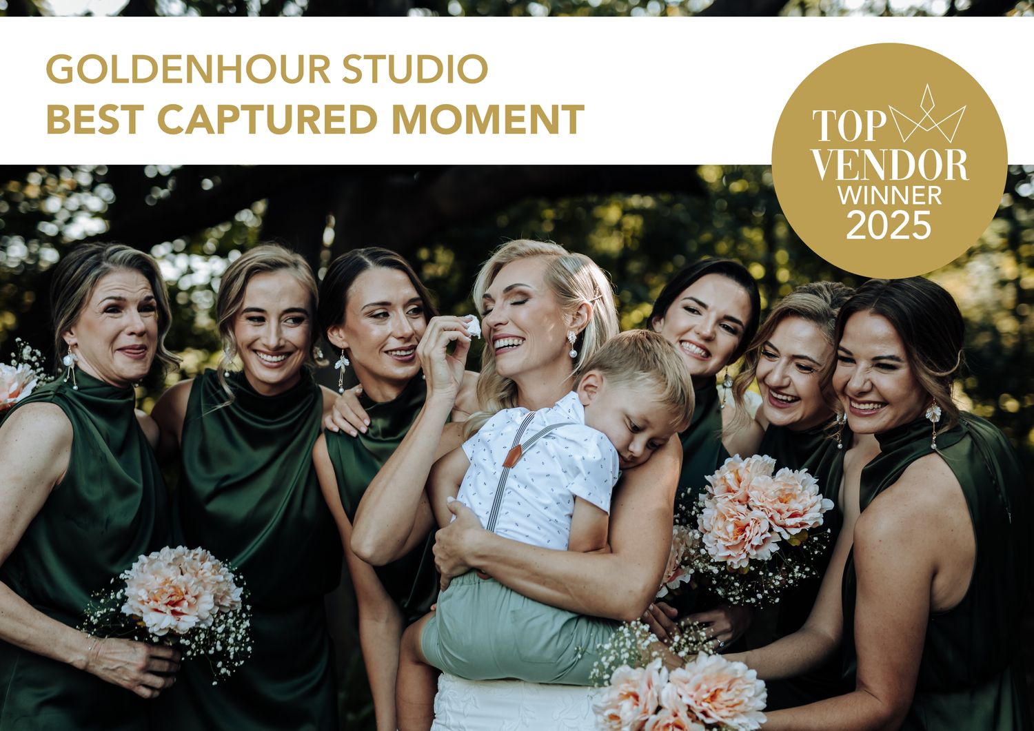 Bridal party in black dresses sharing joyful laughter and embraces during wedding celebration outdoors.