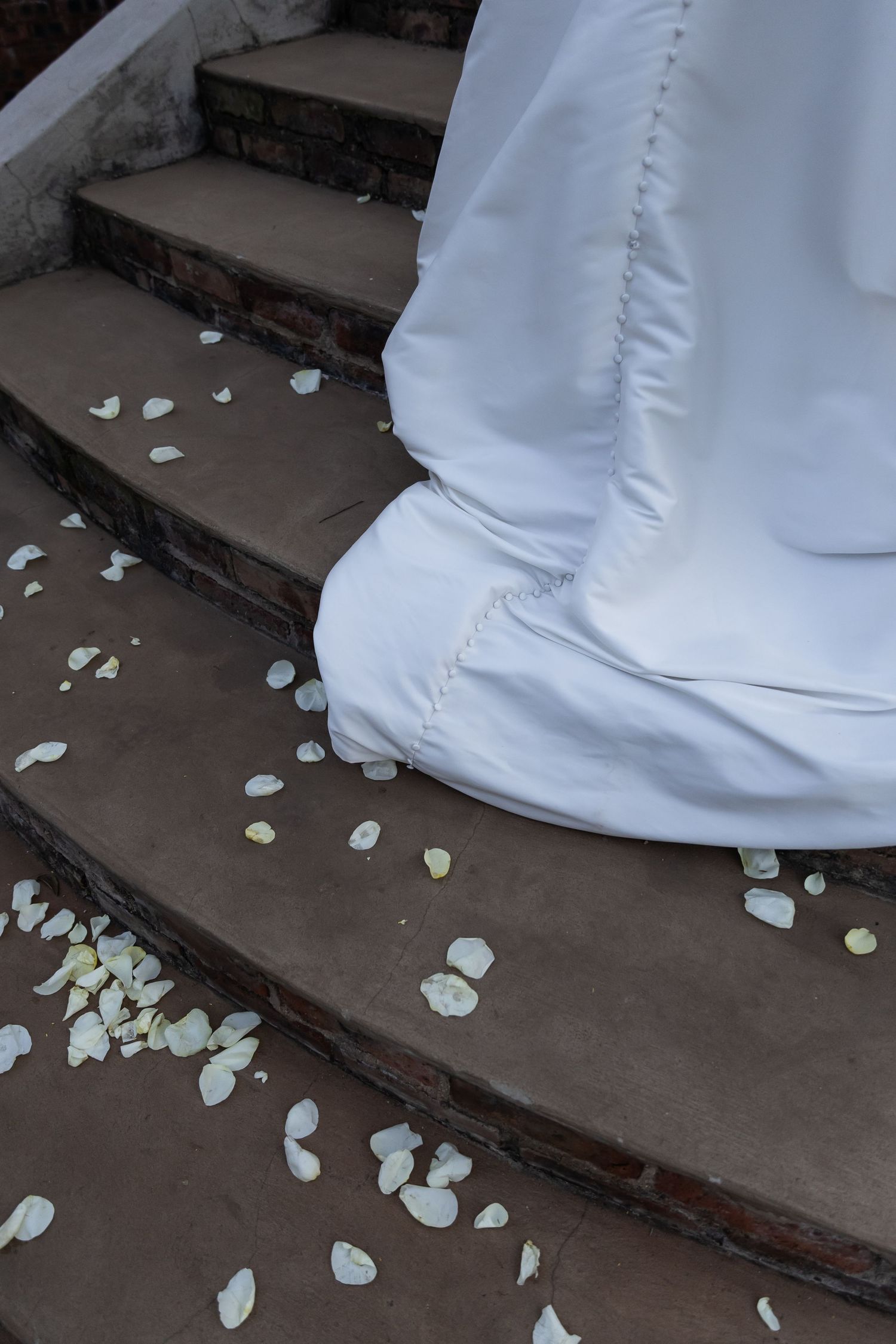 White rose petals scattered along dark wooden stairs create an elegant path at a wedding ceremony.