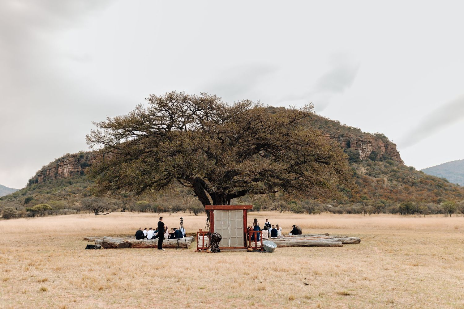 People enjoying shade under a lone tree in an arid landscape with a rocky hill formation in the background.