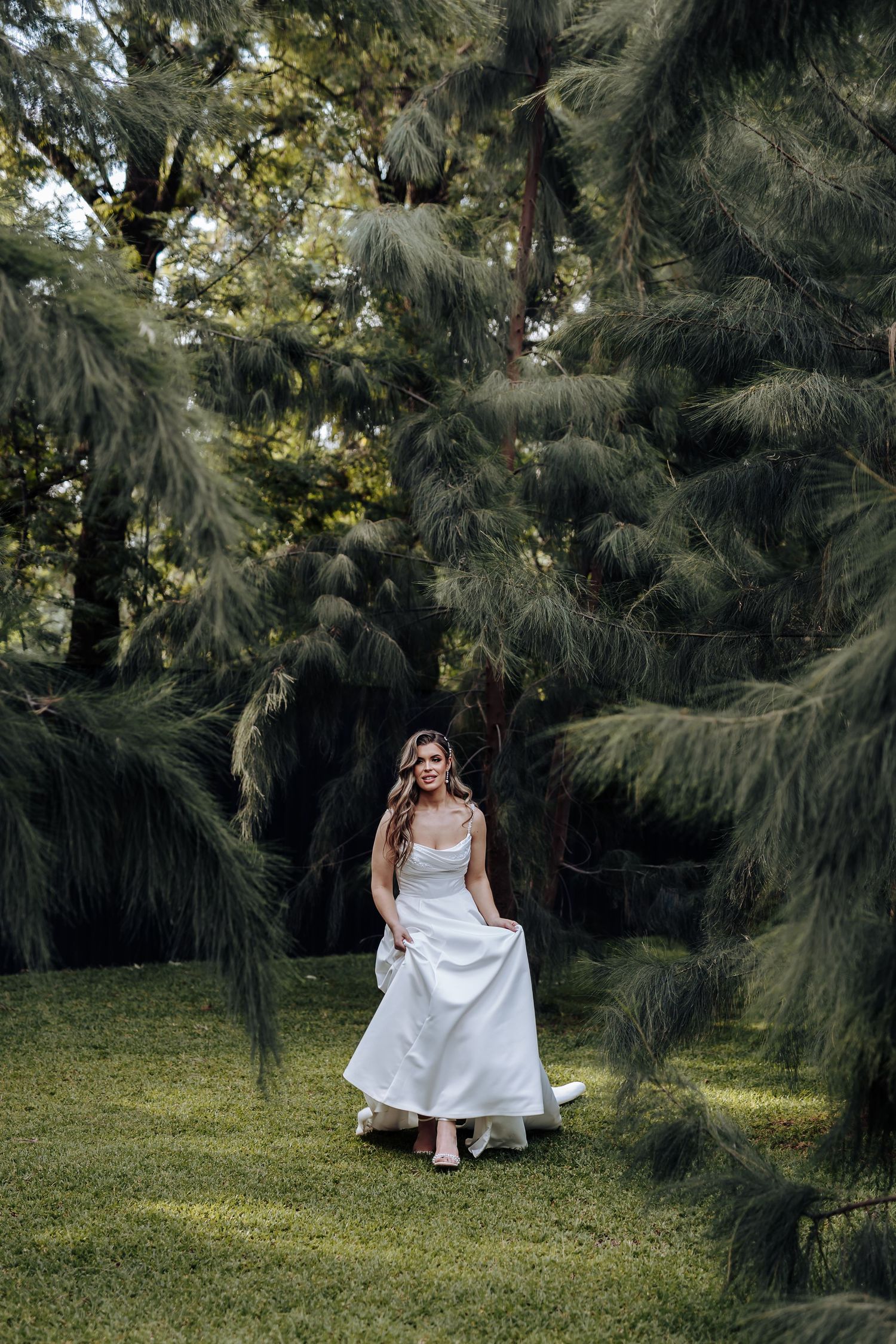 A white wedding dress flows gracefully against a backdrop of dark pine trees in a sunlit garden setting.