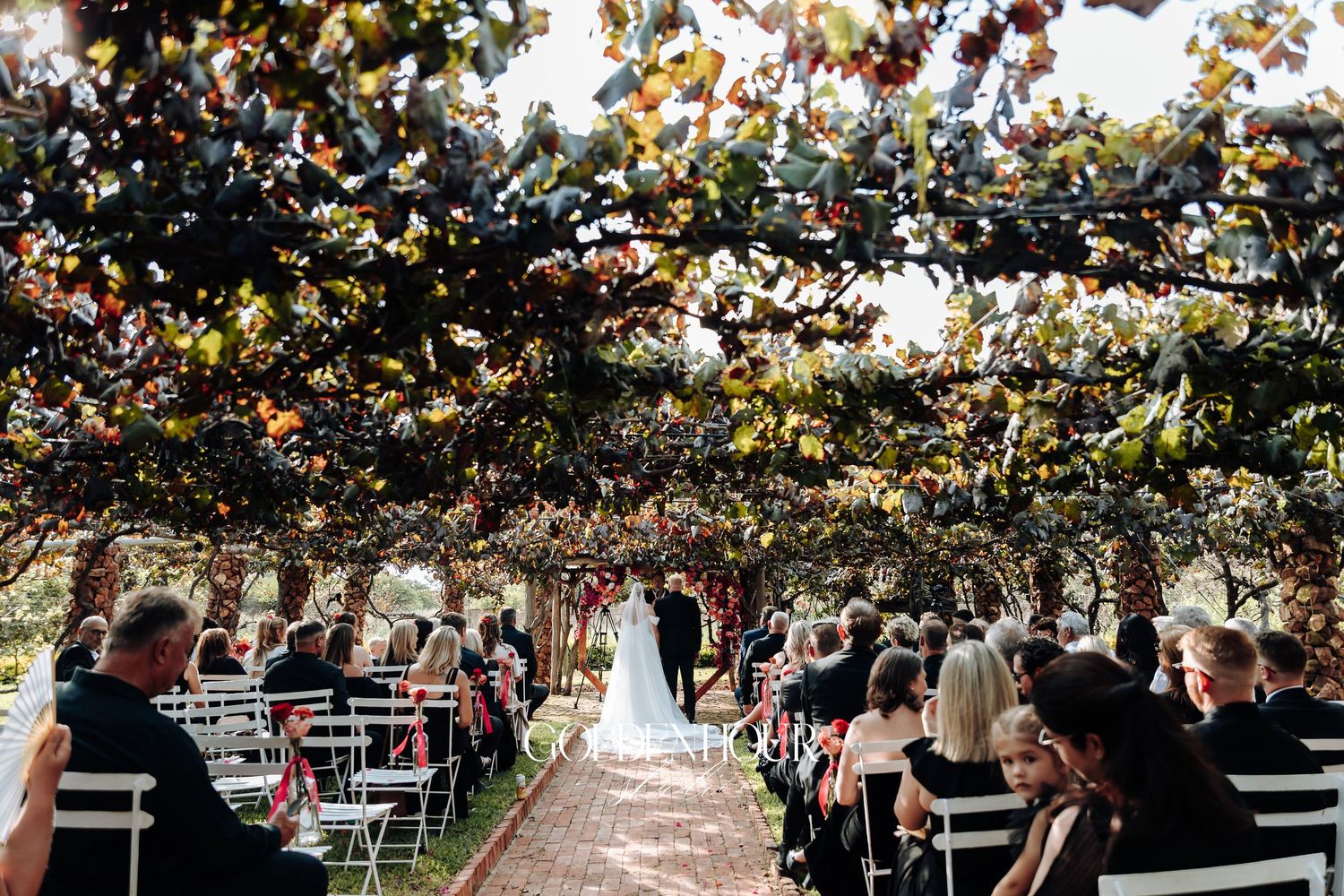An outdoor wedding ceremony under a canopy of autumn leaves and twinkling lights with guests seated on wooden benches.