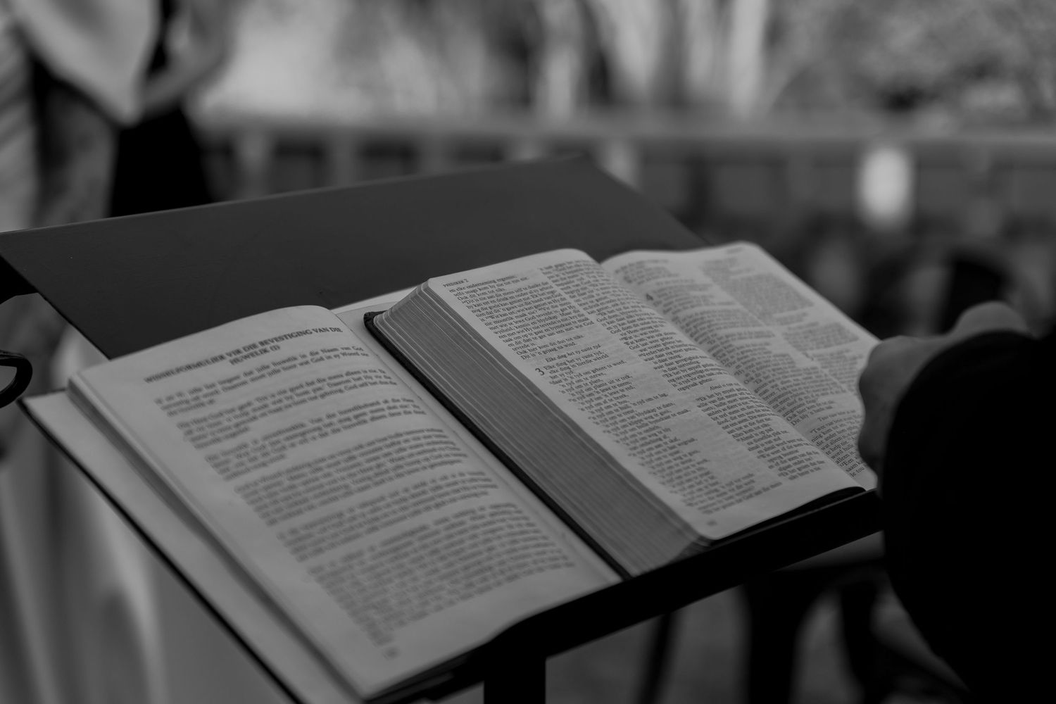 An open book with pages spread out in black and white lighting creating a moody reading atmosphere.