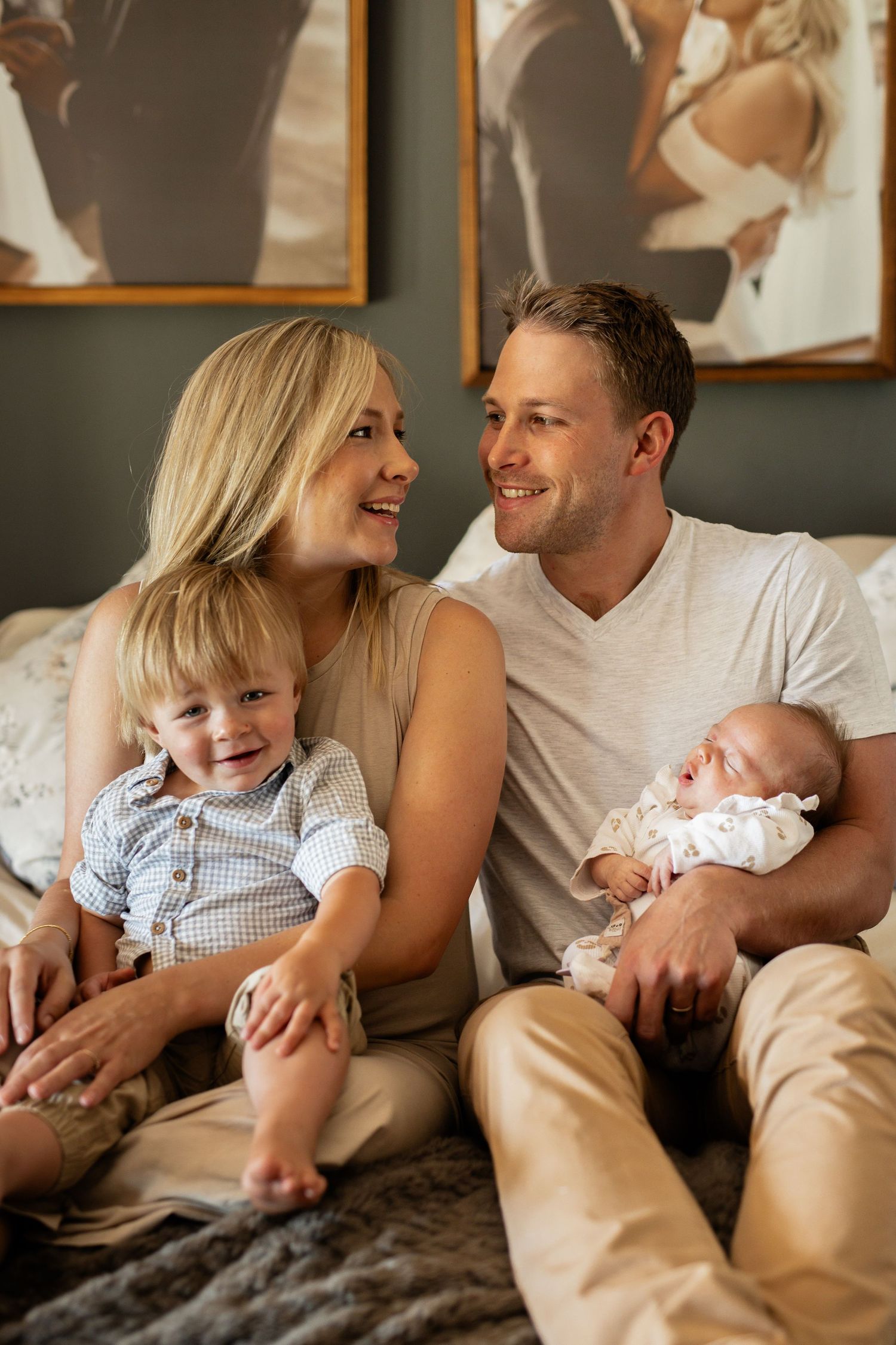 A family shares heartwarming moments together on a couch in a series of candid photos showing playful interactions.