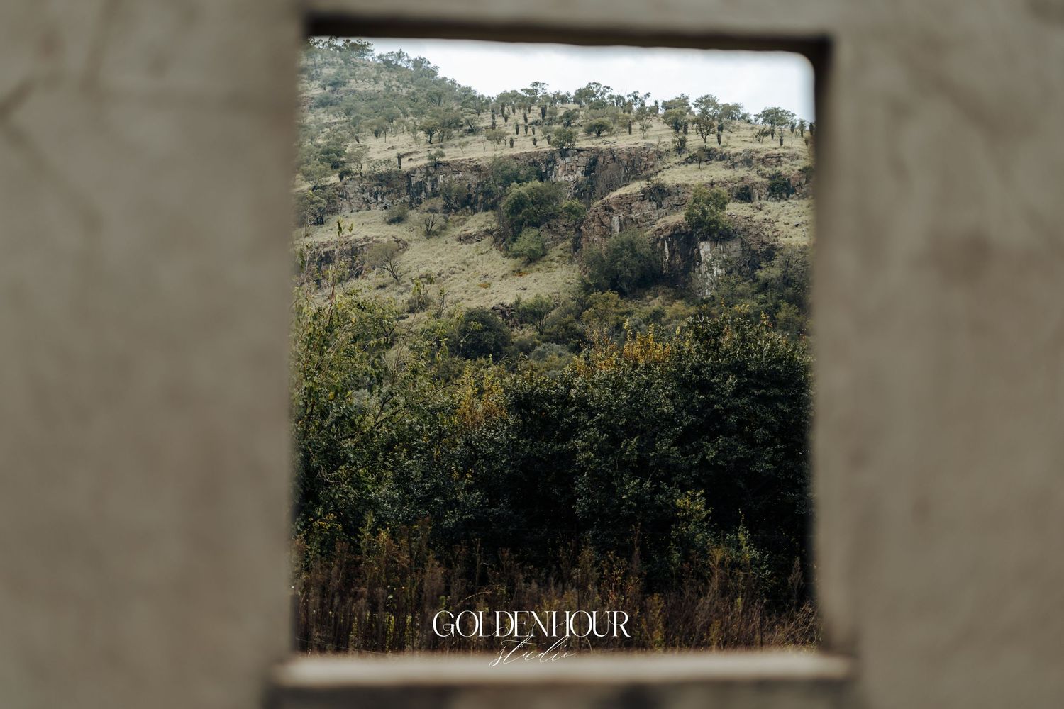 Scenic rocky hillside with lush green trees framed through a rustic stone window opening.
