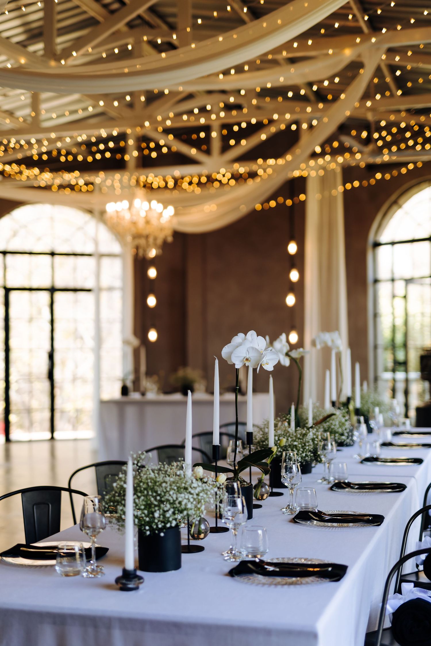 Elegant wedding reception table setting with white orchids and baby's breath under a canopy of twinkling fairy lights.