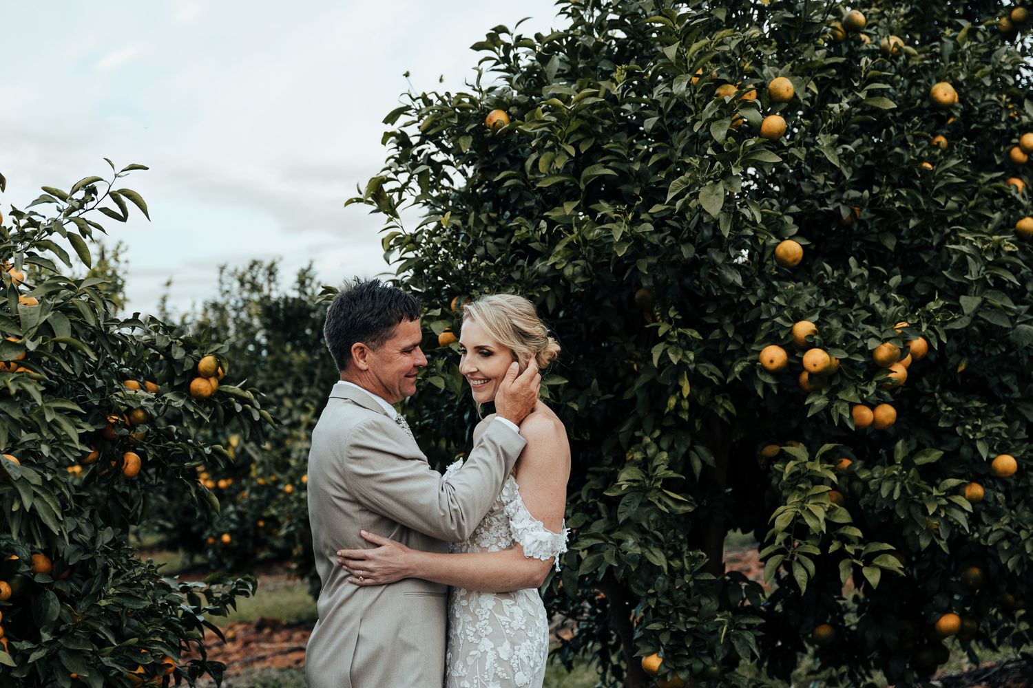 Wedding couple sharing a tender moment among fruit trees in an orchard.