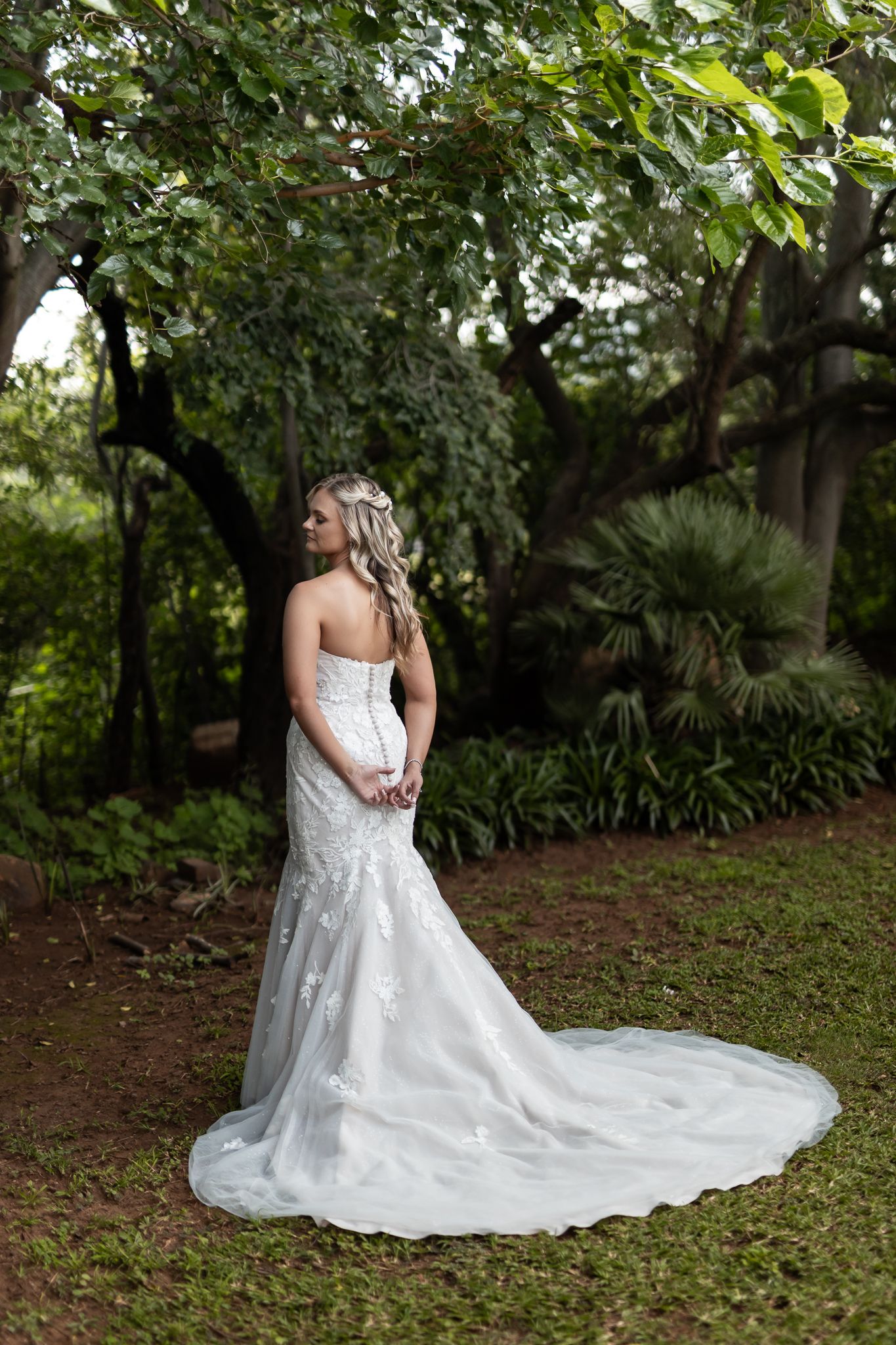 A back-view bridal portrait showing the detailed train of a white wedding gown in a garden setting.