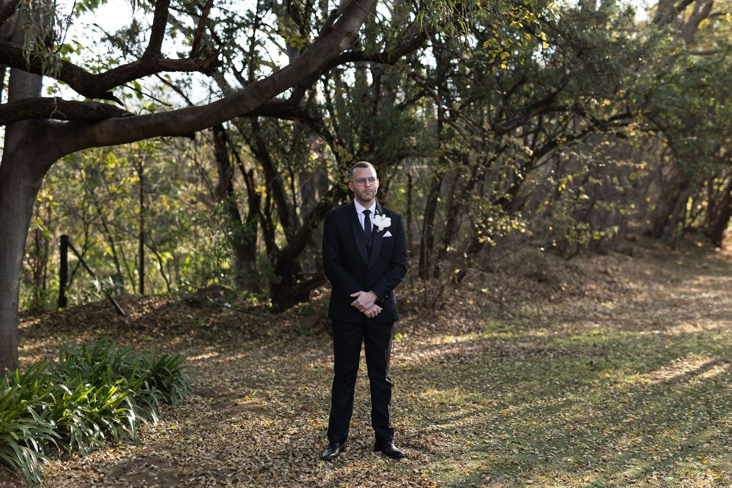 A navy-suited figure stands on a grassy hillside under a canopy of trees during a late afternoon outdoor gathering.