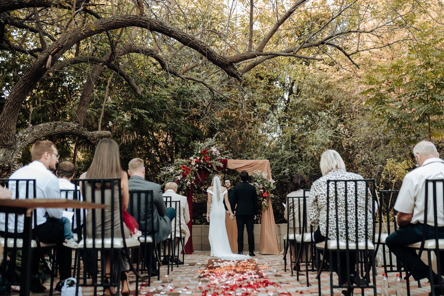 Outdoor wedding ceremony with black chairs and red petal aisle surrounded by autumn foliage.