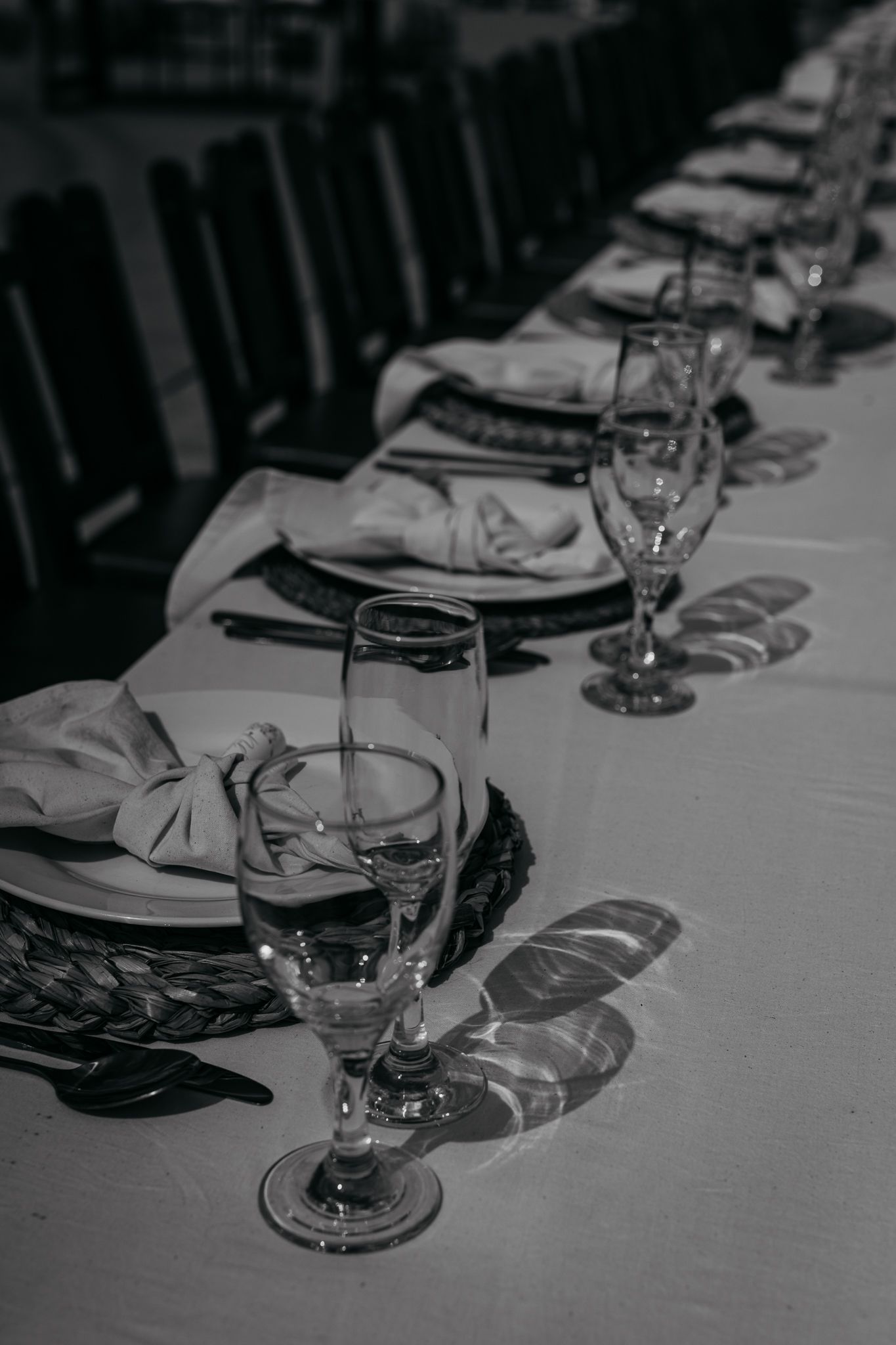 Monochrome image of elegant table settings with wine glasses casting shadows on white tablecloth.