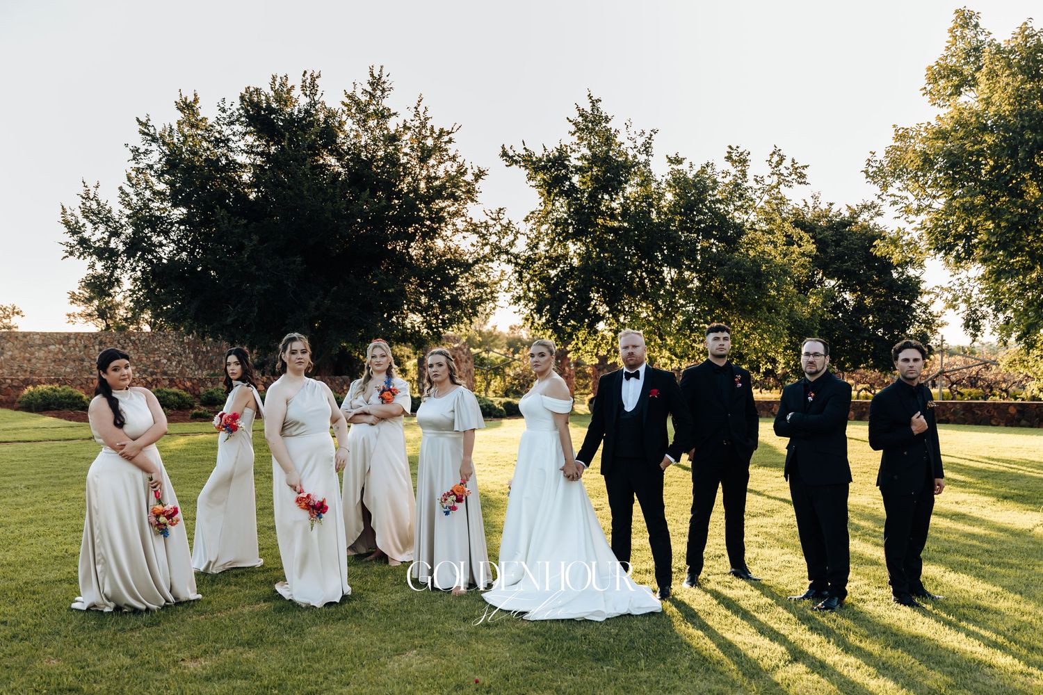 Wedding party poses in a row on grassy hillside during golden hour sunset.