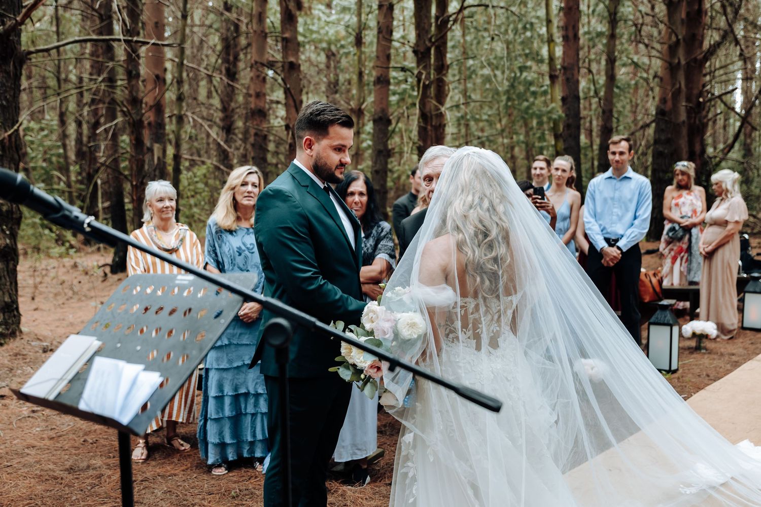 A romantic outdoor wedding ceremony takes place in a serene forest setting with tall pine trees in the background.