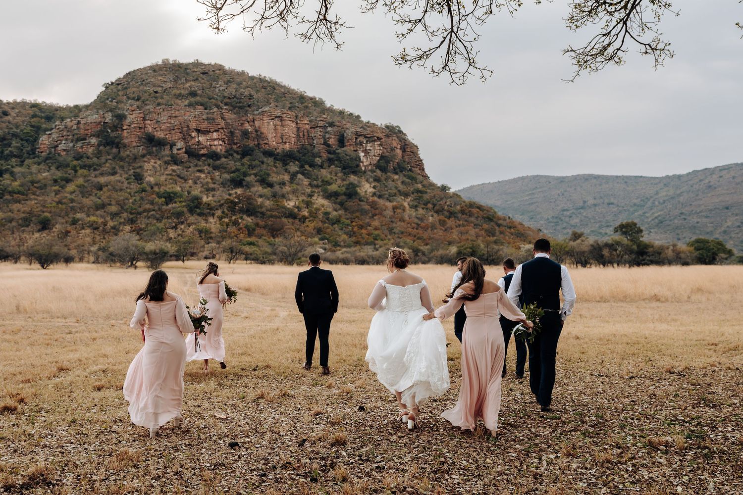 Wedding party in muted tones walking against a backdrop of dramatic mountain landscapes in a rustic outdoor setting.