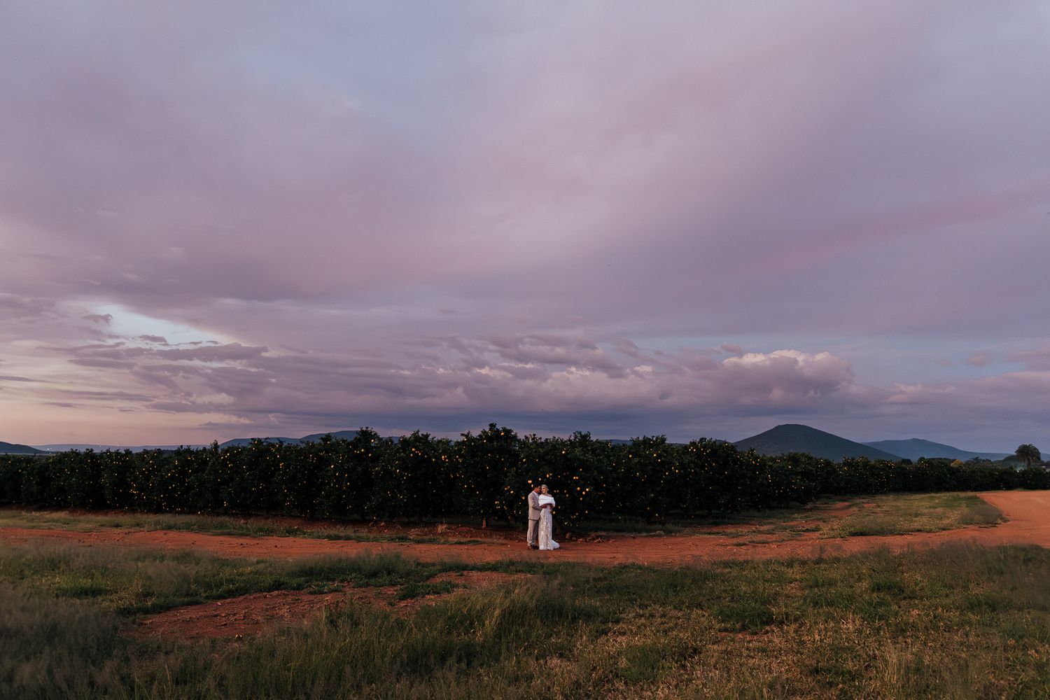 Wide landscape shot of couple embracing in field during pink sunset with mountains in distance.