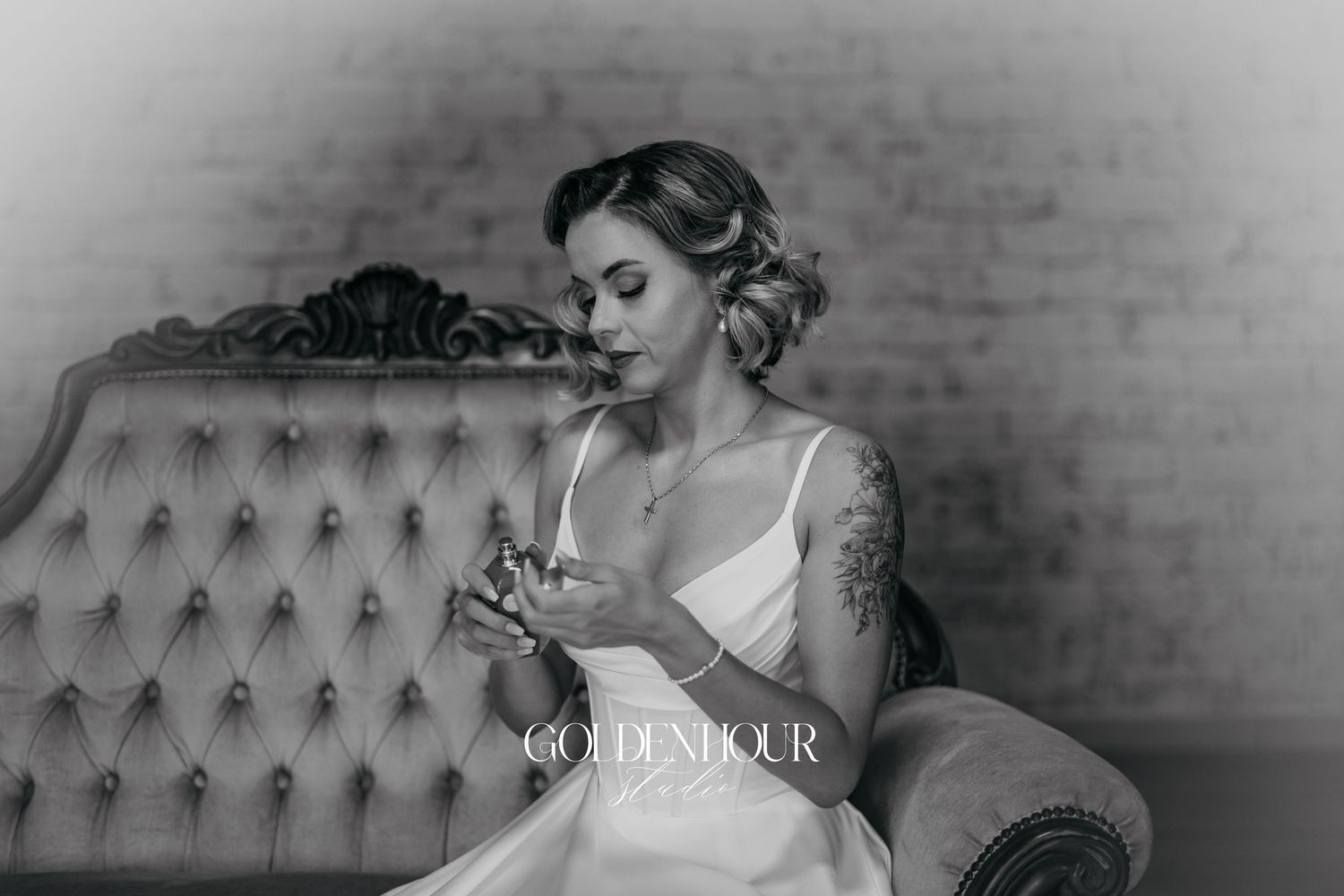 Black and white bridal portraits showing delicate details of a classic wedding dress.