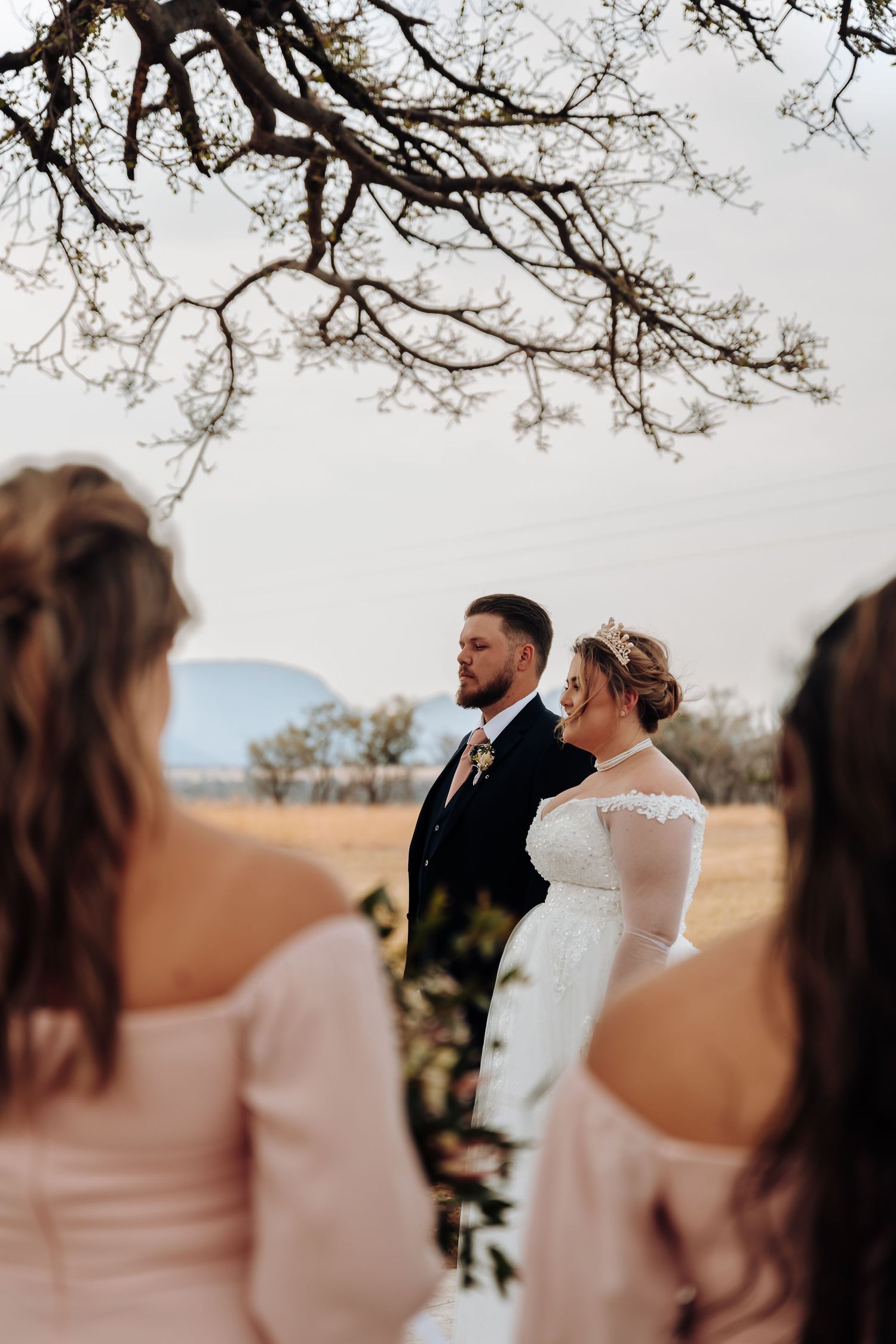 Bridesmaids in blush pink dresses stand beside marrying couple during outdoor desert wedding ceremony.