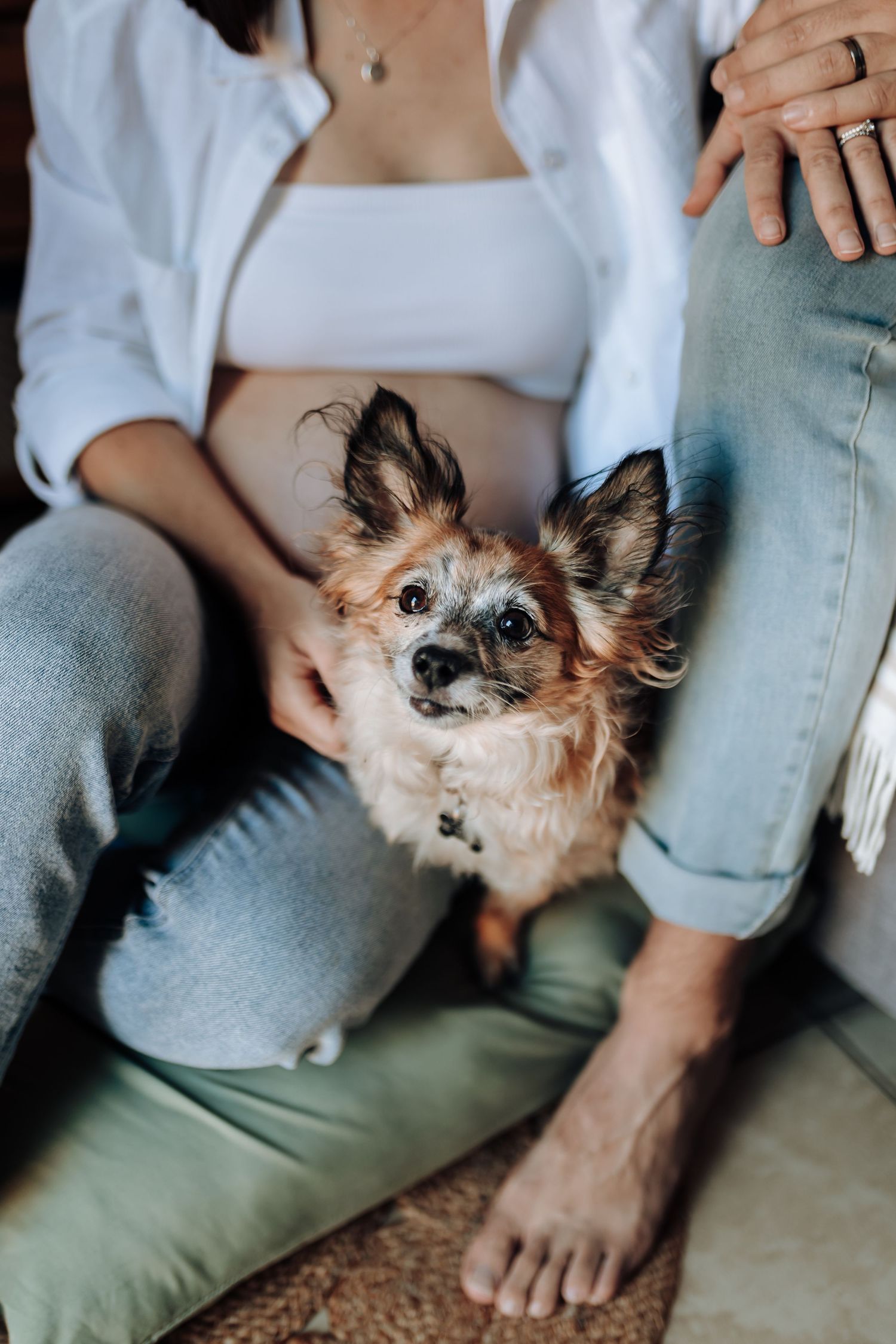 Small fluffy dog lounges between two people wearing white shirts and jeans on a couch.