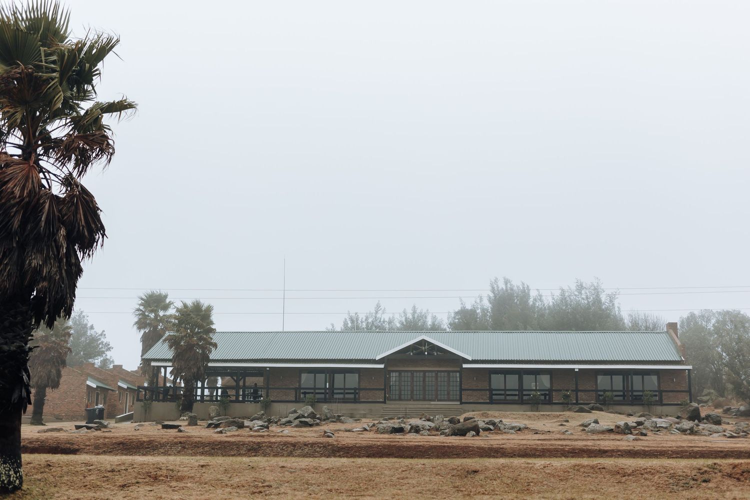 Long industrial-style building with metal roof in rural desert setting with palm tree.