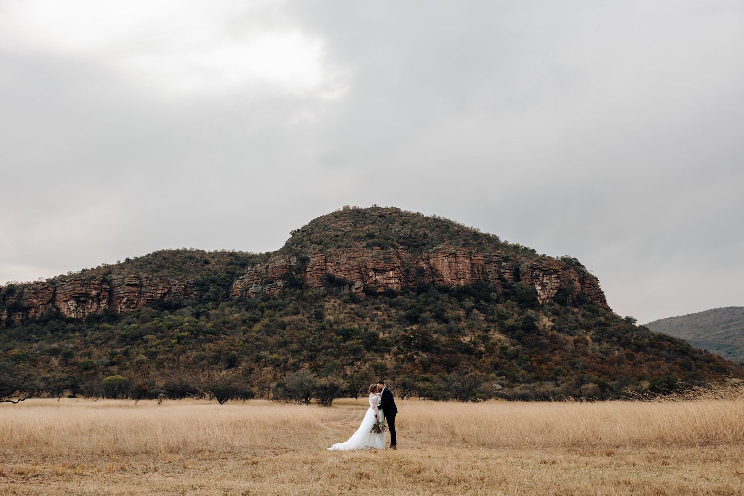 A newlywed couple walks through a golden field with dramatic mountains and cloudy skies in the background.