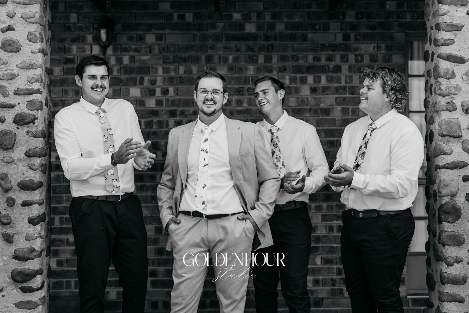 A black and white photo collage of people in formal attire posing against a brick wall background.