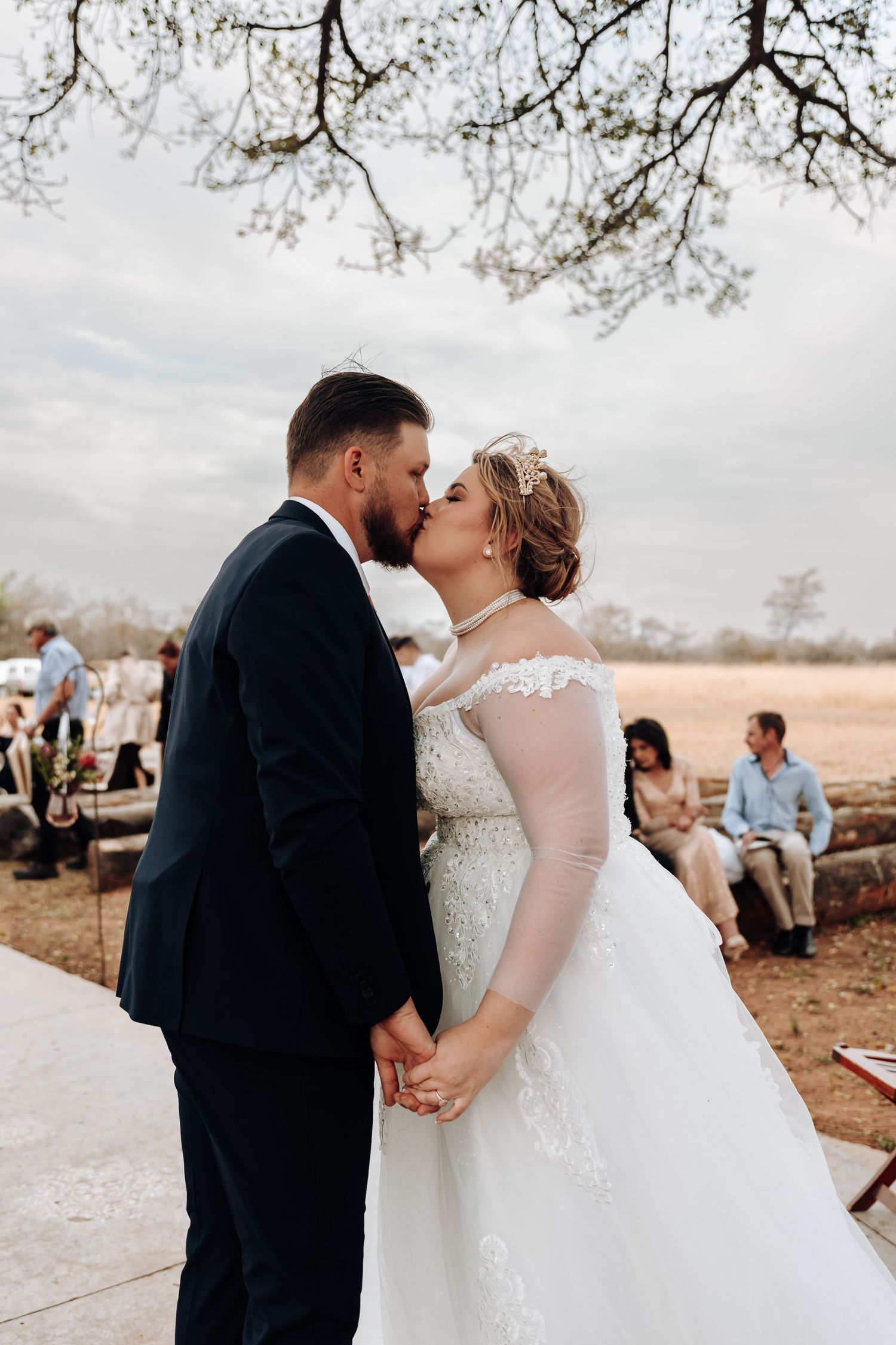 A series of intimate wedding photos showing a couple's special moments during a dreamy outdoor celebration.