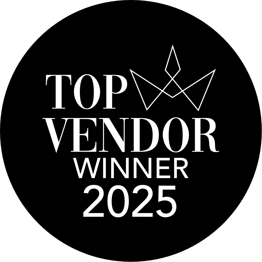 Five black oval badges in a row showing progression from vendor to top winner for 2023 to 2025.