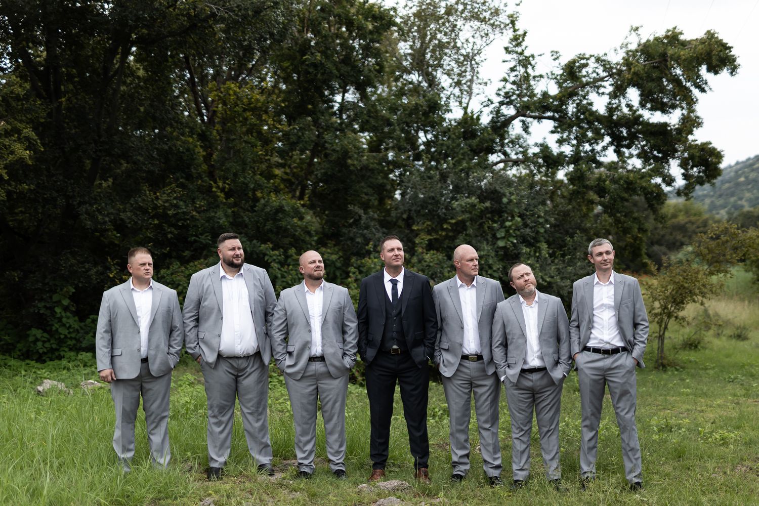 Wedding party lineup with groom in black suit centered among groomsmen in light gray suits.