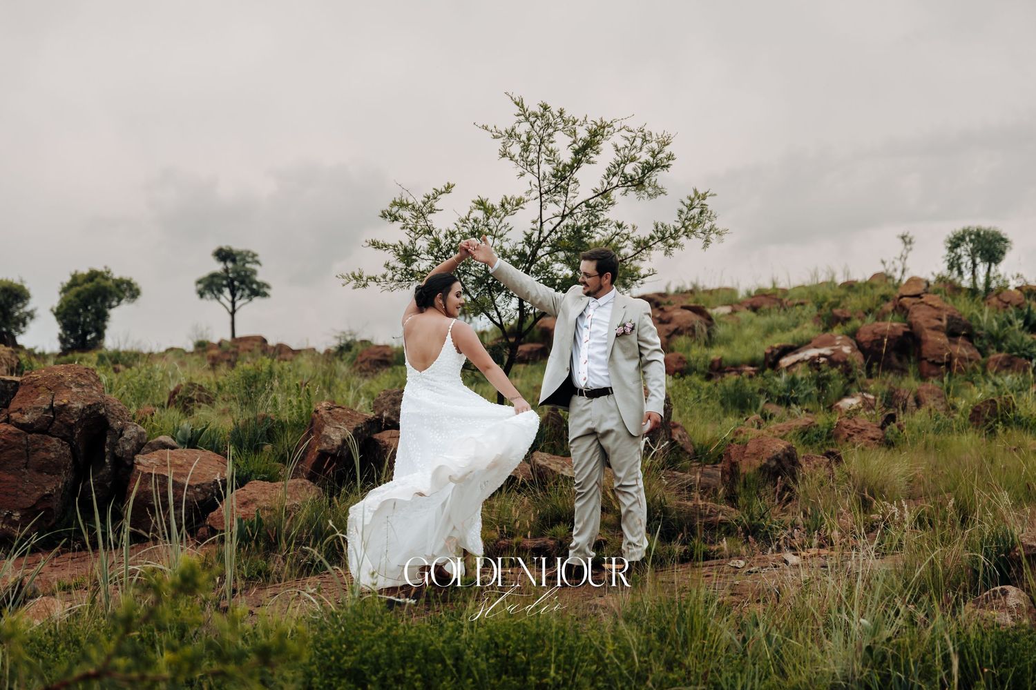 A series of six sequential photos showing someone in a white dress walking through a grassy hillside landscape.
