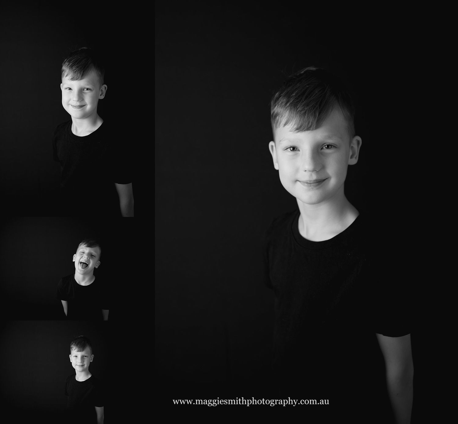 A series of black and white portrait photographs arranged in a horizontal sequence showing different poses and angles. Kid's photography