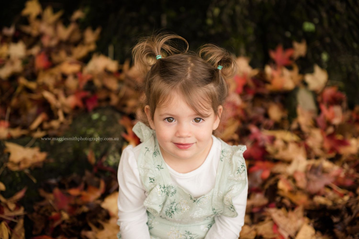 Child sitting in autumn leaves wearing a white dress with colorful fall foliage scattered around.