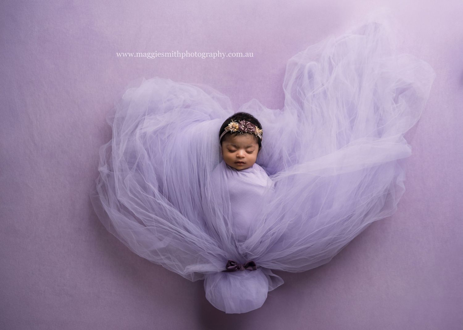 Sleeping baby wrapped in flowing white tulle fabric laid on purple background creates dreamy newborn portrait. Central Coast, Sydney