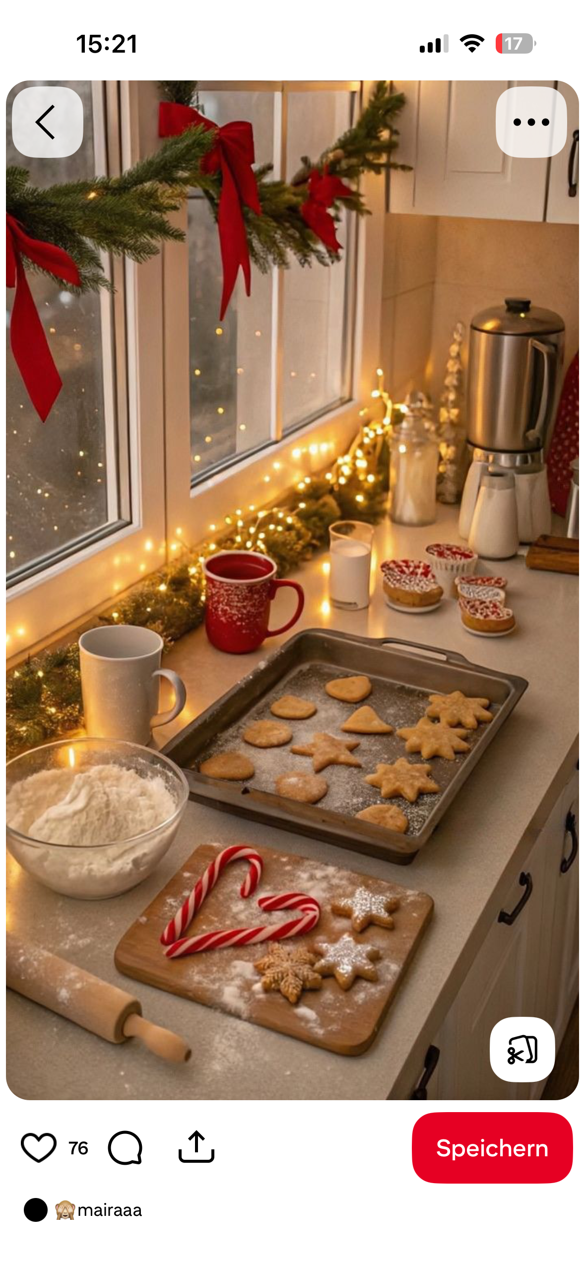Cozy Christmas kitchen counter with holiday cookies on baking sheet, candy canes, flour bowl, rolling pin, and festive lights.