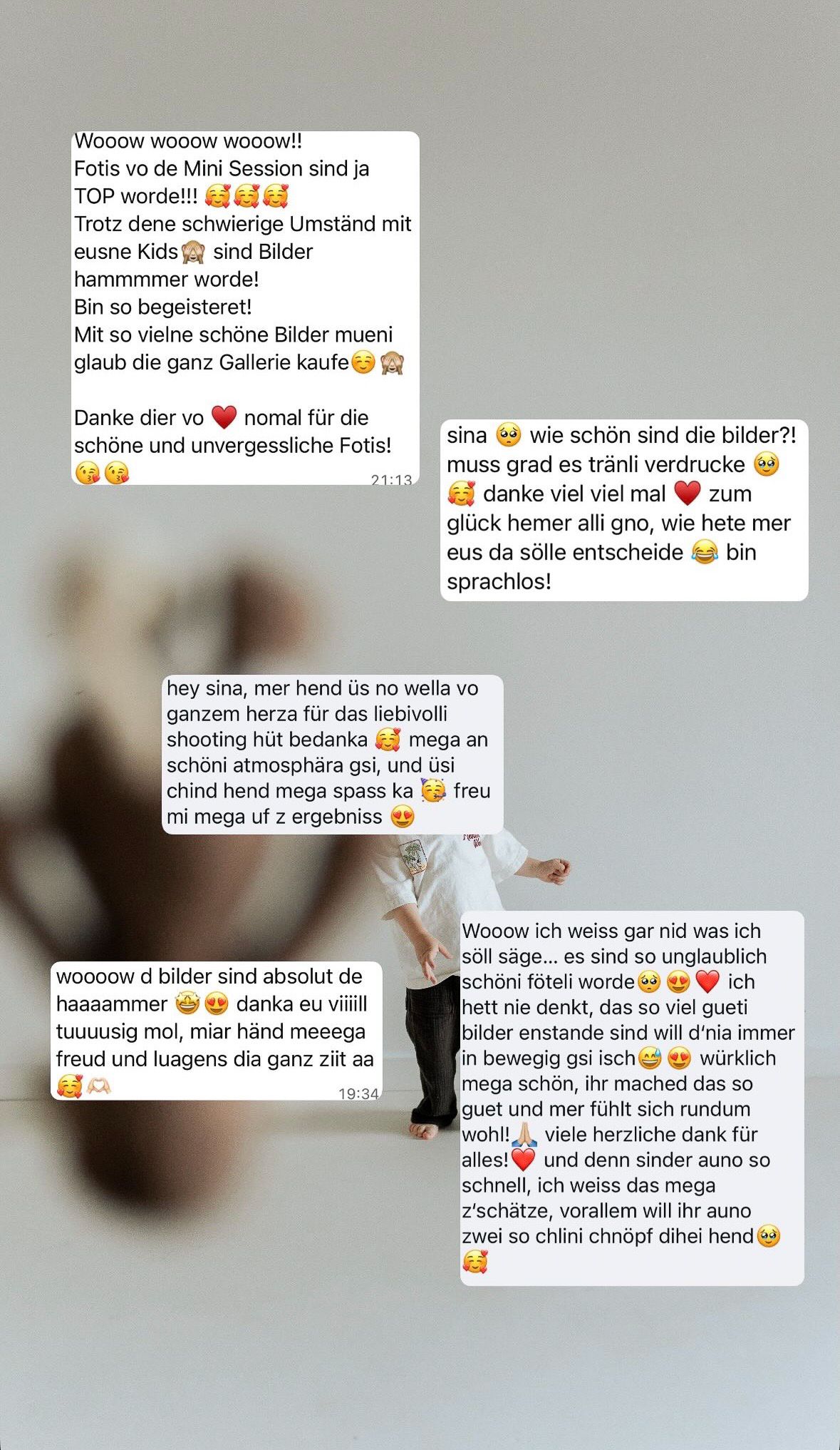 Screenshot of positive German customer testimonials praising a mini photo session service with heartfelt feedback messages.