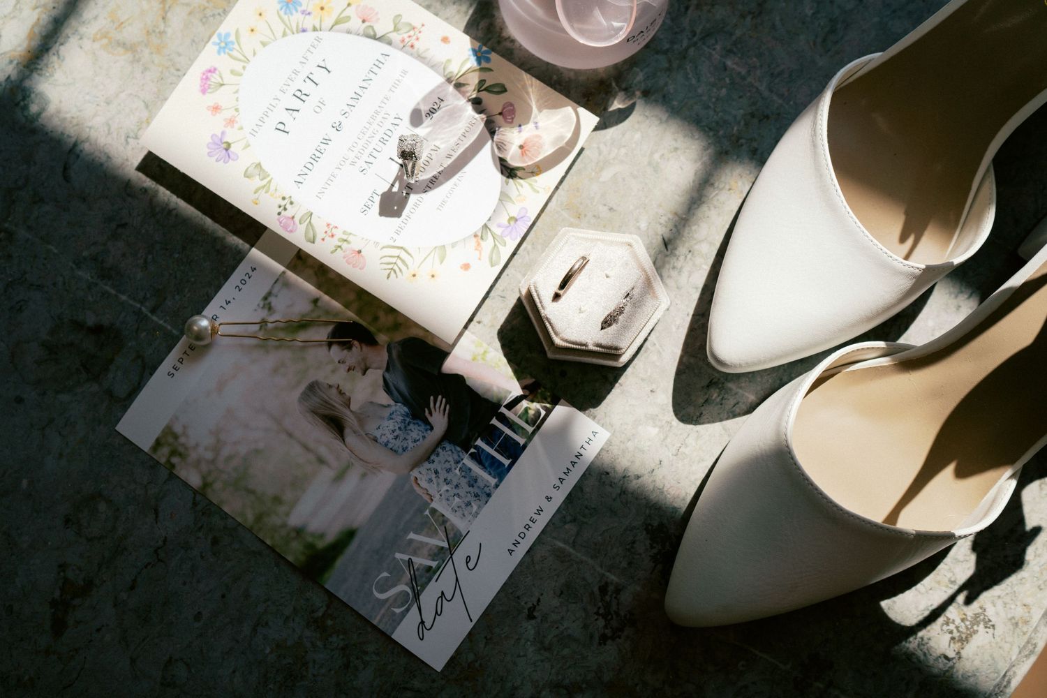 Wedding day details featuring bridal shoes, vintage photos and delicate accessories.