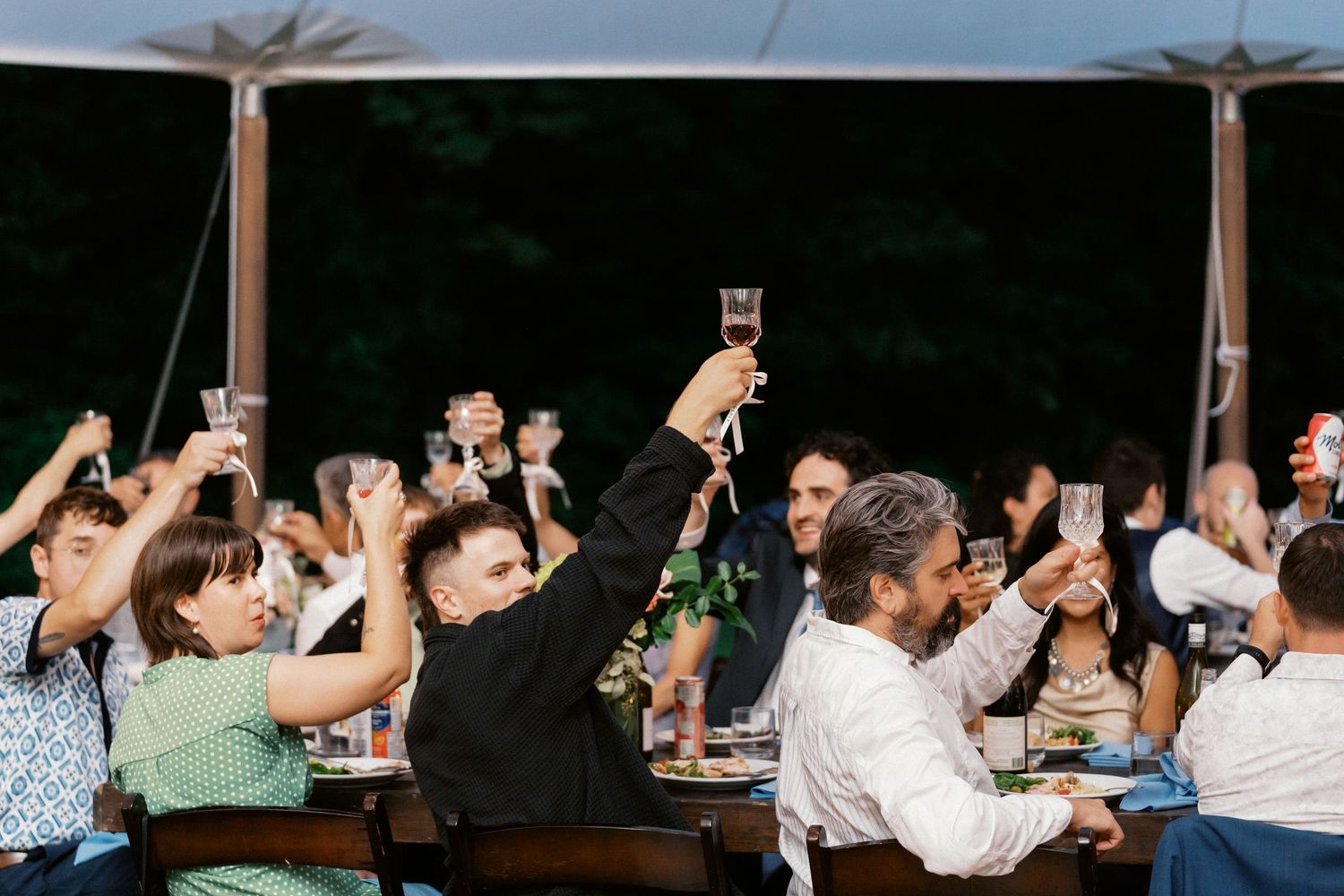 Wedding guests raise their glasses in a celebratory toast during the reception.