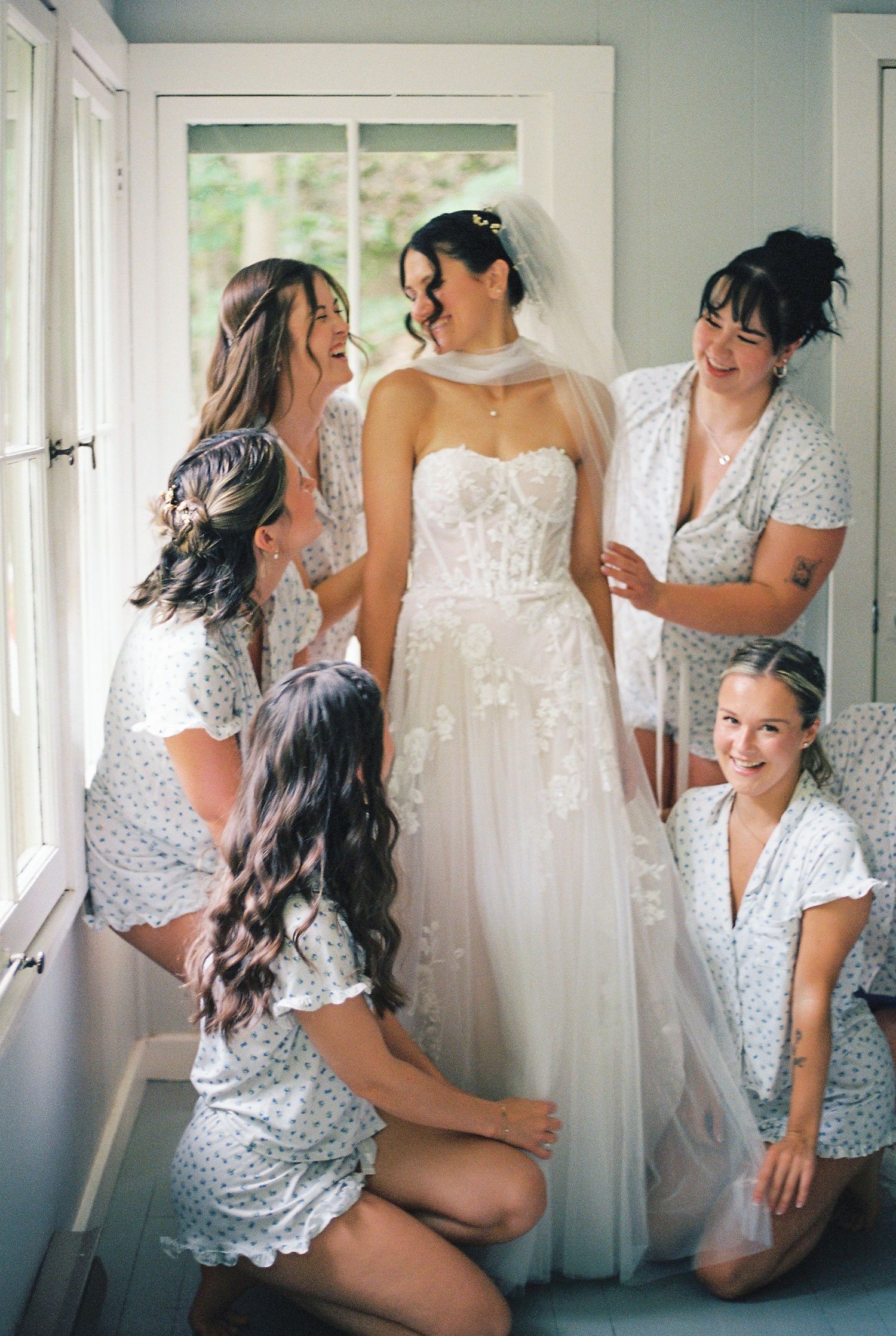 A sequence of candid moments showing bridesmaids in silver sequined dresses helping with wedding preparations.