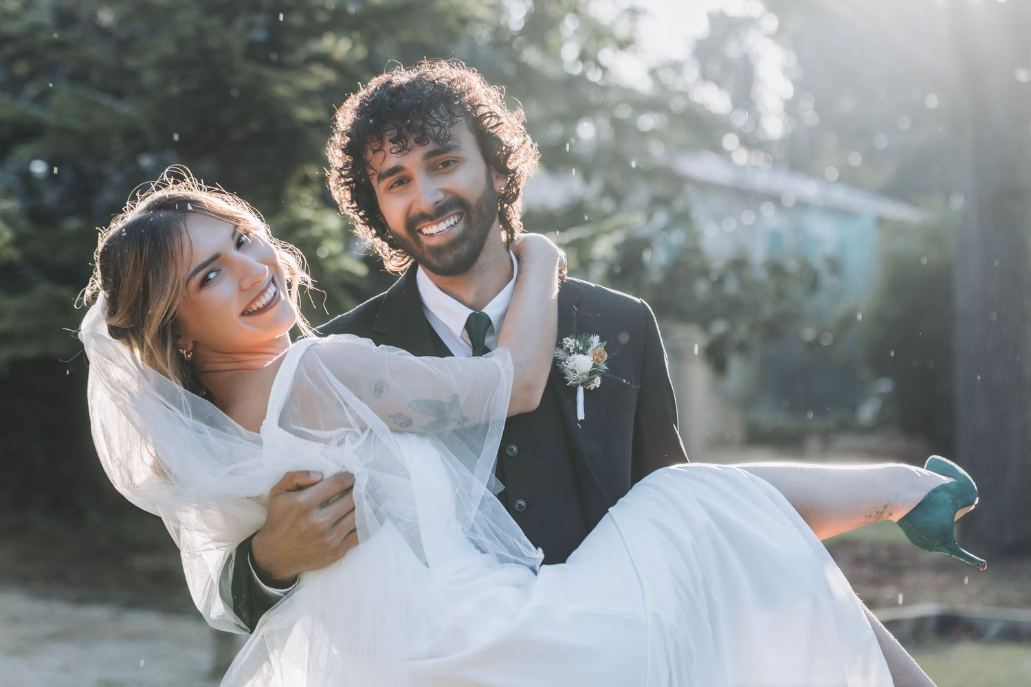 Dynamic wedding photos showing couple's energetic and joyful celebration.
