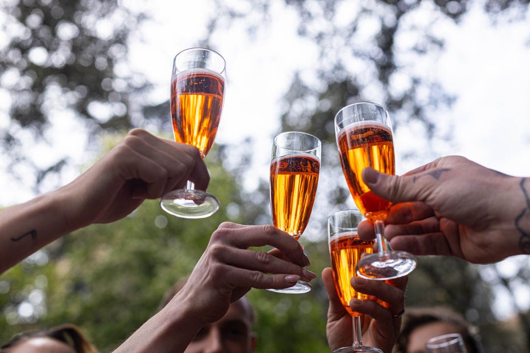 Close-up of hands clinking glasses during an outdoor wedding celebration.