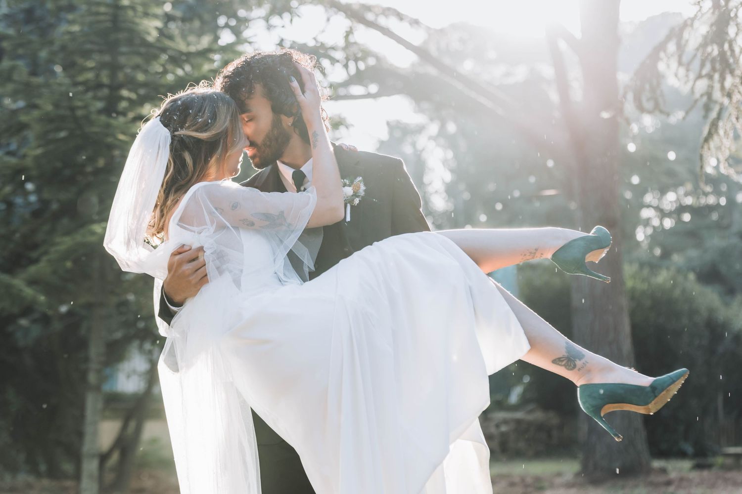 Playful wedding photo sequence capturing bride and groom's dynamic interaction.