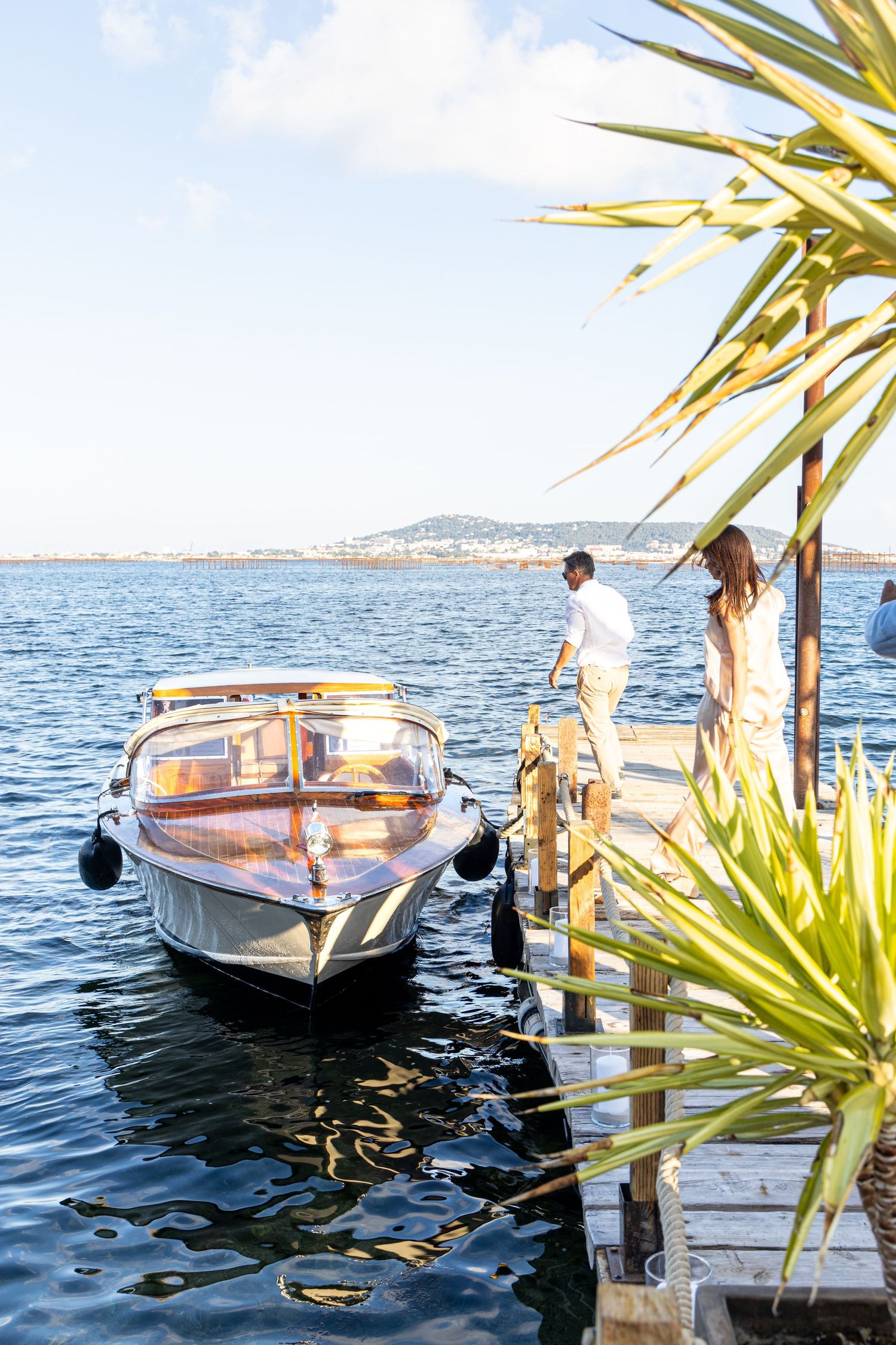 Luxury wooden boat docked by tropical waterfront with palm fronds in foreground.