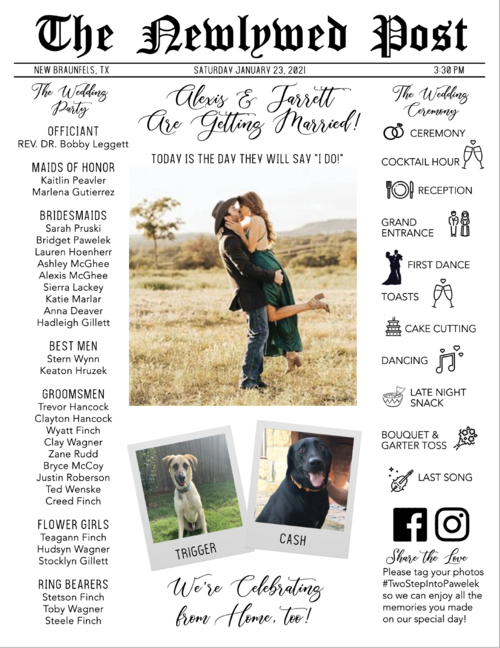 Newspaper-style wedding announcement featuring timeline of events and social media details.
