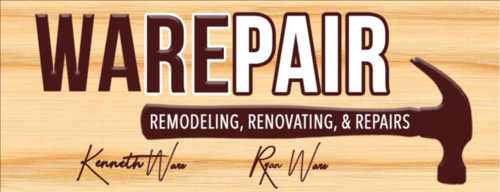 Wooden business sign for Ware Pair remodeling and renovation services with hammer icon.