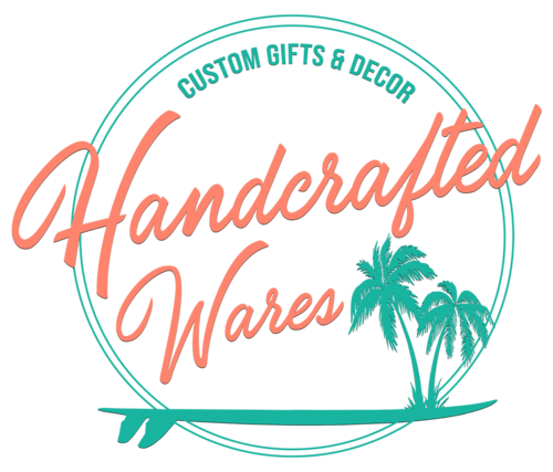 Retro-style logo for Handcrafted Wares custom gifts featuring teal palm trees and coral script text.
