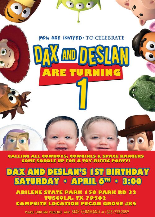 Toy Story themed first birthday party invitation featuring character borders and cowboy party details.