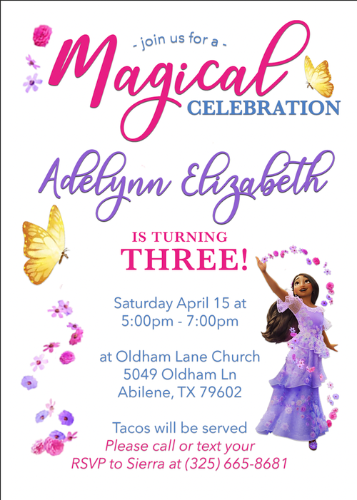 Purple and pink magical themed birthday party invitation with butterfly and princess design.