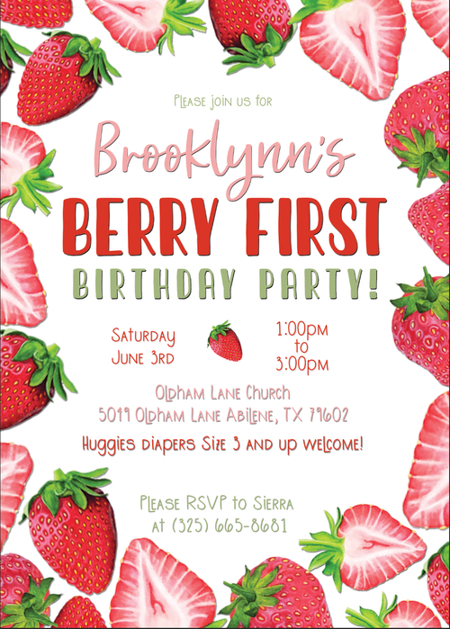 Strawberry themed first birthday party invitation with fresh cut berry illustrations.