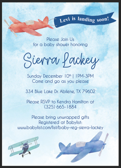 Vintage airplane themed baby shower invitation in blue watercolor design.