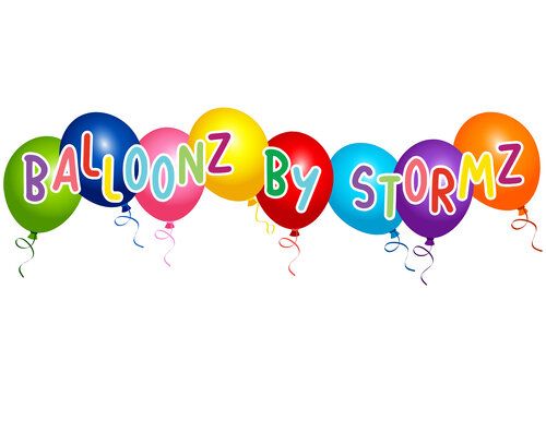 Colorful balloon logo design spelling out 'Balloonz by Stormz' with floating balloons in rainbow colors.